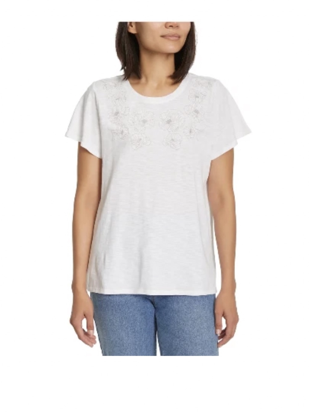 NWT Ella Moss White Short Sleeve Tee with Subtle Floral Embroidery size XXL